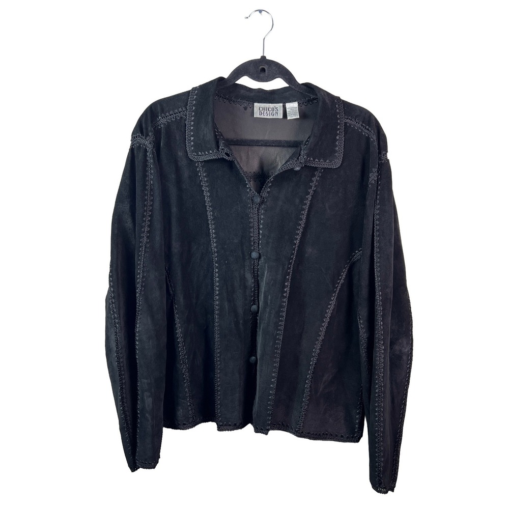 90s Chicos Design Black Suede Leather Crochet Jacket Womens Whimsigoth Boho